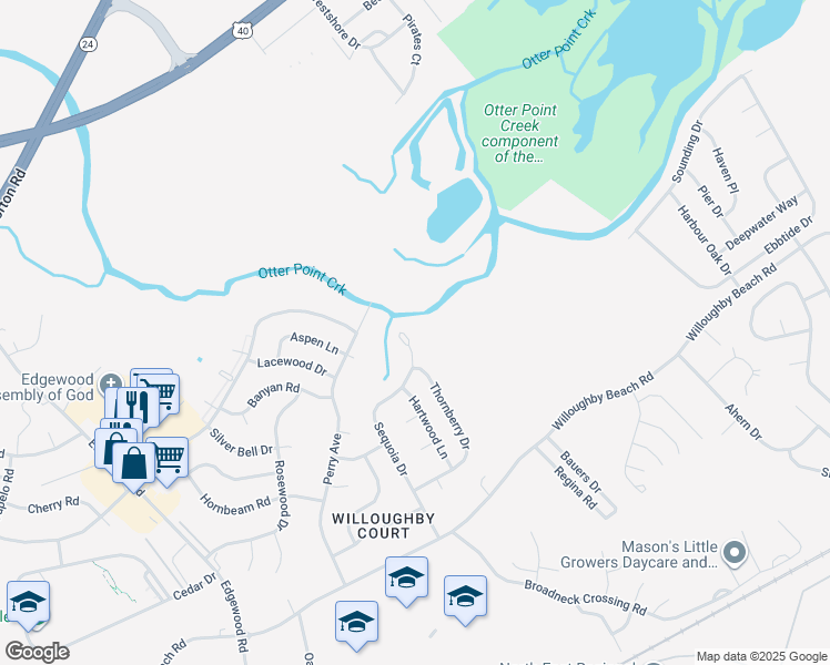 map of restaurants, bars, coffee shops, grocery stores, and more near 731 Sequoia Drive in Edgewood
