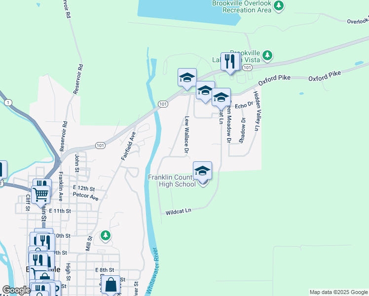 map of restaurants, bars, coffee shops, grocery stores, and more near 10004 Smiester Drive in Brookville