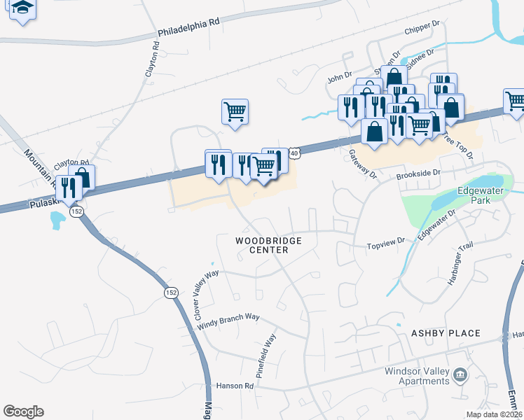 map of restaurants, bars, coffee shops, grocery stores, and more near 907 Woodbridge Court in Edgewood