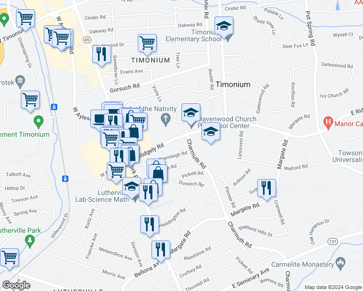 map of restaurants, bars, coffee shops, grocery stores, and more near 5 Bramleigh Garth in Lutherville-Timonium