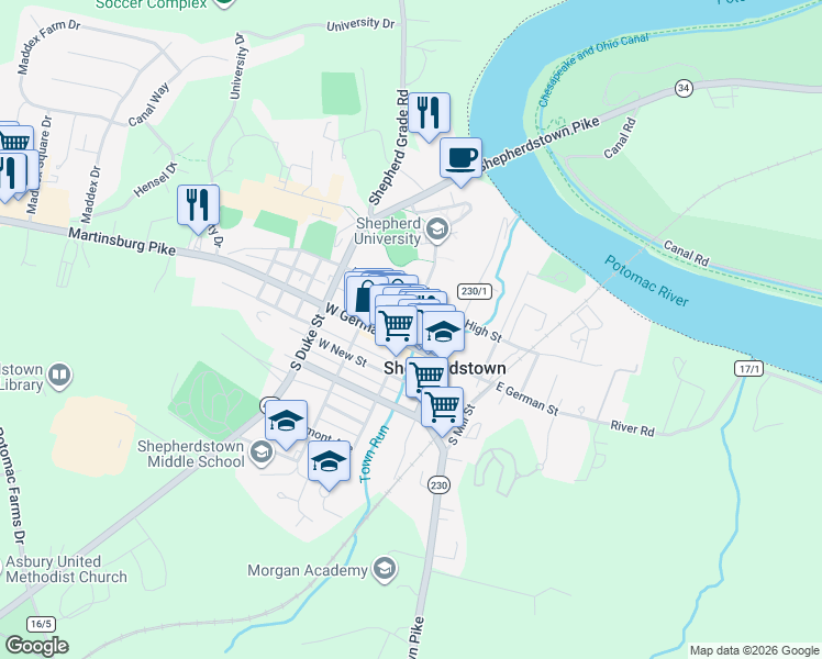 map of restaurants, bars, coffee shops, grocery stores, and more near 109 North King Street in Shepherdstown