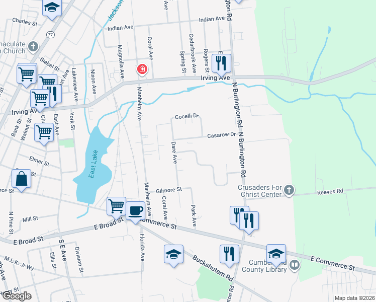 map of restaurants, bars, coffee shops, grocery stores, and more near 16 Twin Oaks Drive in Bridgeton
