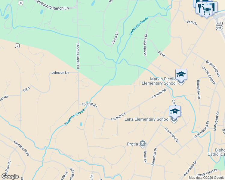 map of restaurants, bars, coffee shops, grocery stores, and more near 1455 Foothill Road in Reno