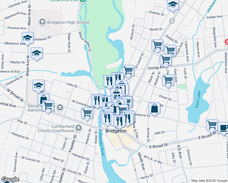 map of restaurants, bars, coffee shops, grocery stores, and more near 110 Cohansey Street in Bridgeton