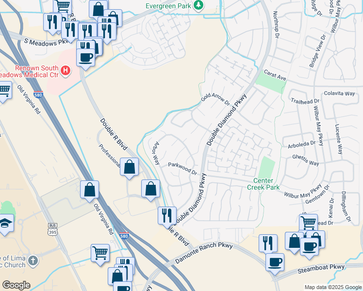map of restaurants, bars, coffee shops, grocery stores, and more near 1291 Edgehill Court in Reno