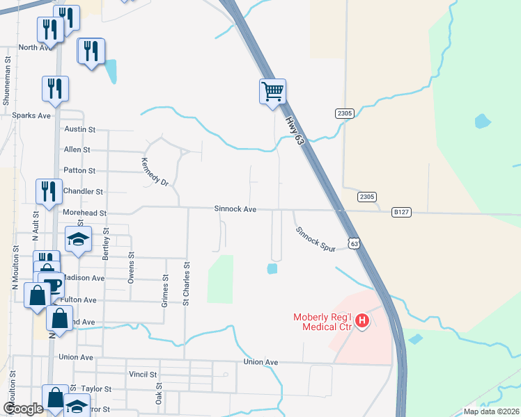 map of restaurants, bars, coffee shops, grocery stores, and more near 1017 Sinnock Avenue in Moberly