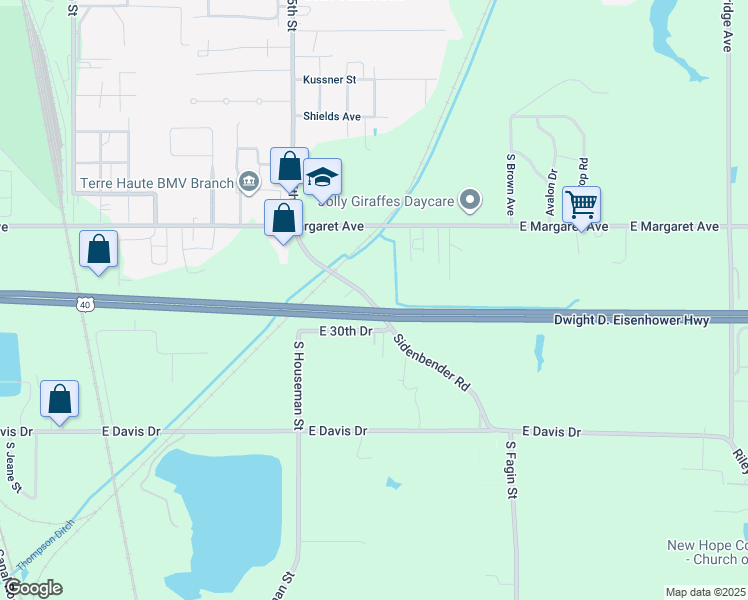 map of restaurants, bars, coffee shops, grocery stores, and more near 2890 Sidenbender Road in Terre Haute