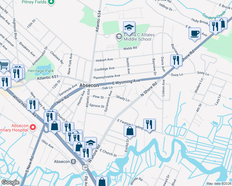 map of restaurants, bars, coffee shops, grocery stores, and more near 241 East Wyoming Avenue in Absecon