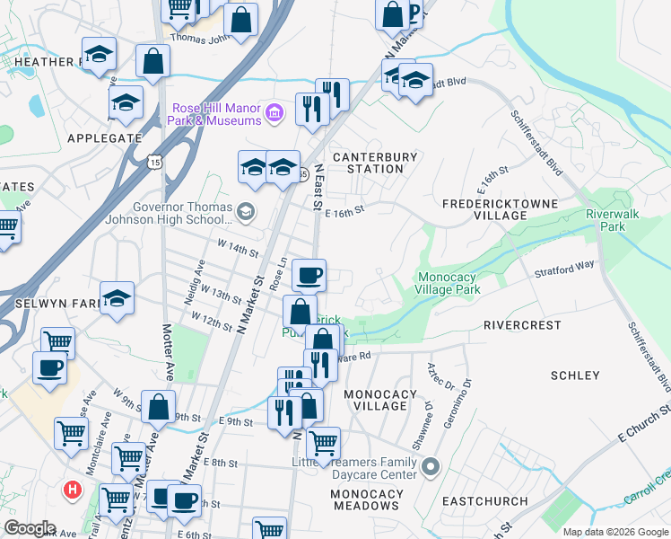 map of restaurants, bars, coffee shops, grocery stores, and more near 125 Holling Drive in Frederick
