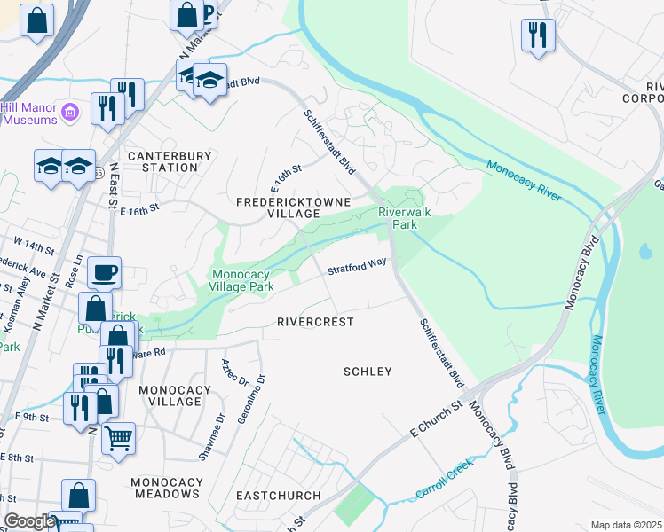 map of restaurants, bars, coffee shops, grocery stores, and more near 817 Stratford Way in Frederick