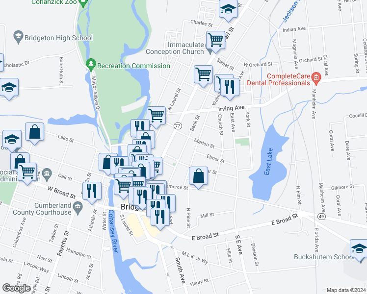 map of restaurants, bars, coffee shops, grocery stores, and more near 121 Bank Street in Bridgeton