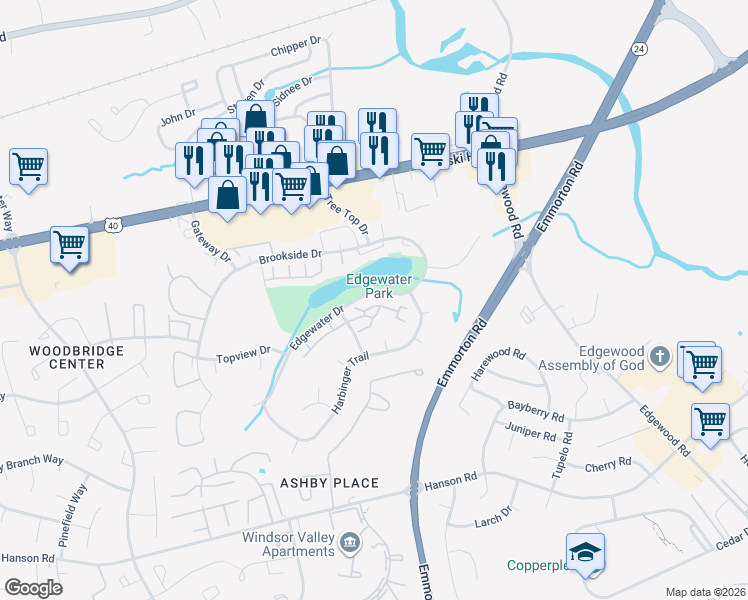 map of restaurants, bars, coffee shops, grocery stores, and more near 1921 Edgewater Drive in Edgewood