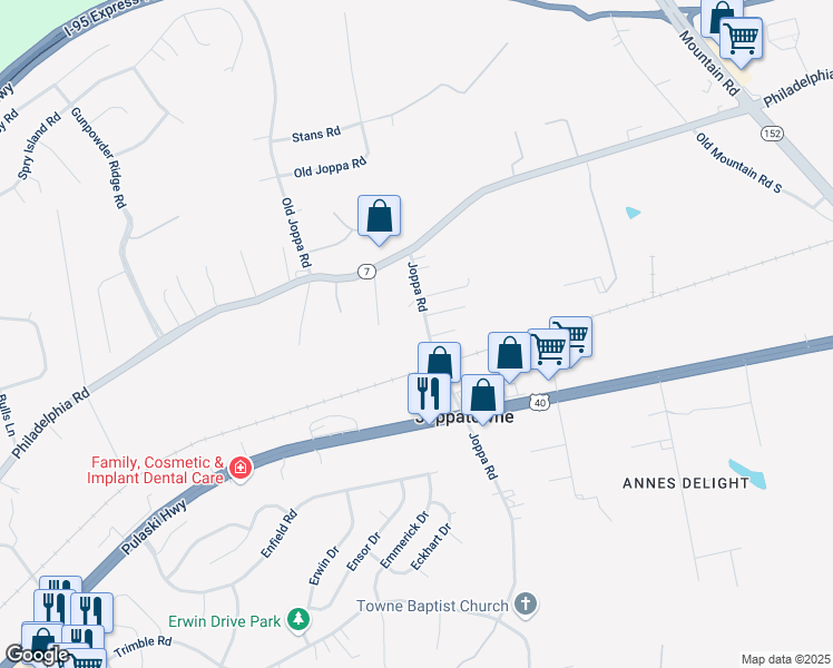 map of restaurants, bars, coffee shops, grocery stores, and more near 1208 Joppa Road in Joppa