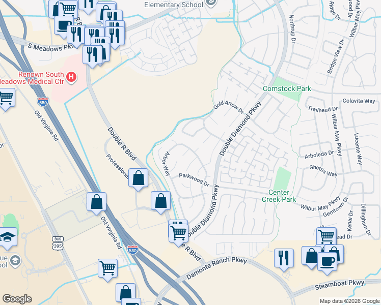 map of restaurants, bars, coffee shops, grocery stores, and more near 1333 Dalwood Court in Reno