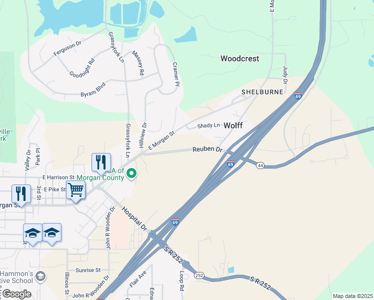 map of restaurants, bars, coffee shops, grocery stores, and more near Reuben Drive in Martinsville