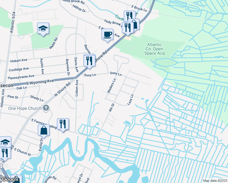 map of restaurants, bars, coffee shops, grocery stores, and more near 648 Weilers Lane in Absecon