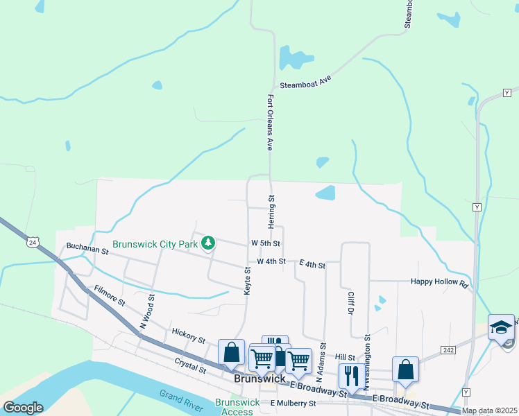map of restaurants, bars, coffee shops, grocery stores, and more near Clay Street in Brunswick