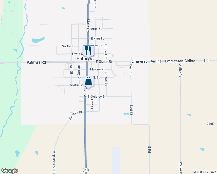 map of restaurants, bars, coffee shops, grocery stores, and more near 385 South Pearl Street in Palmyra