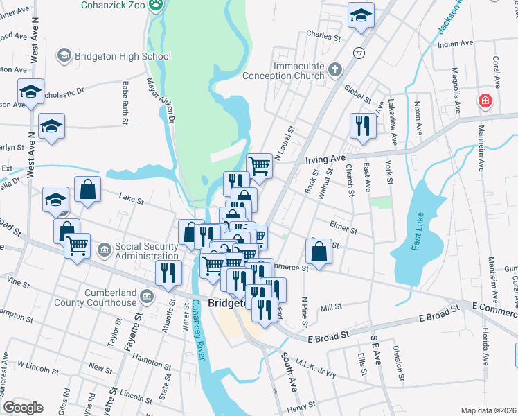 map of restaurants, bars, coffee shops, grocery stores, and more near 104 North Laurel Street in Bridgeton