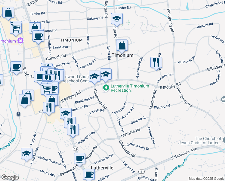 map of restaurants, bars, coffee shops, grocery stores, and more near 121 East Ridgely Road in Timonium