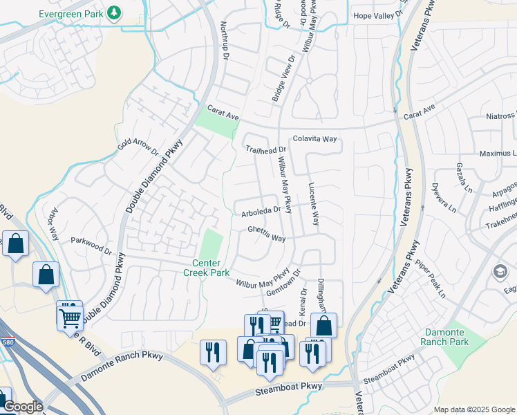 map of restaurants, bars, coffee shops, grocery stores, and more near 1655 Arboleda Drive in Reno