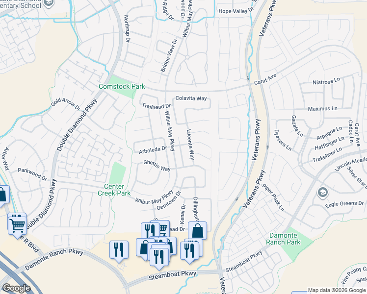 map of restaurants, bars, coffee shops, grocery stores, and more near 10235 Lucente Way in Reno