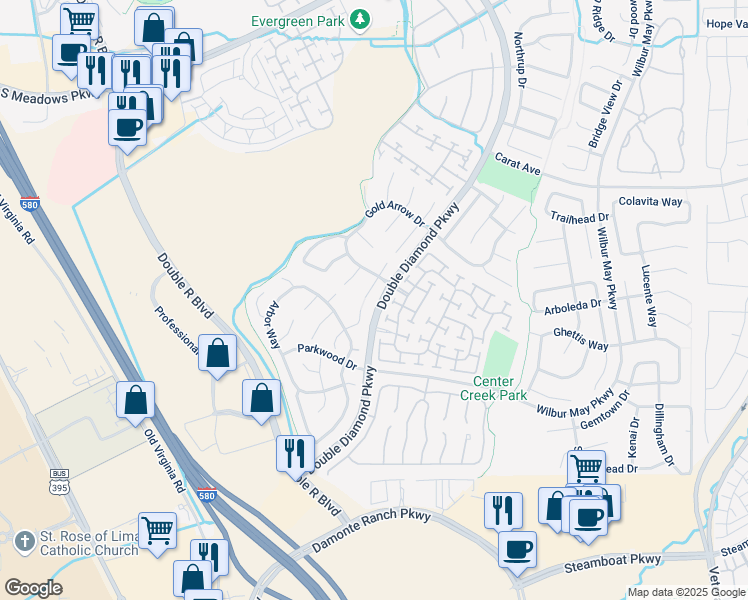 map of restaurants, bars, coffee shops, grocery stores, and more near 10645 Blue Moon Court in Reno