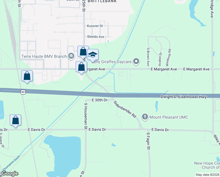 map of restaurants, bars, coffee shops, grocery stores, and more near 2890 Sidenbender Road in Terre Haute