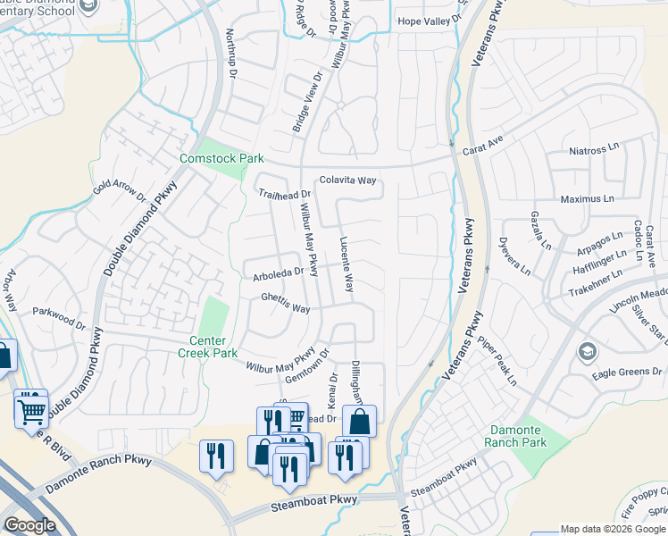 map of restaurants, bars, coffee shops, grocery stores, and more near 10235 Lucente Way in Reno