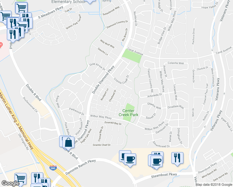 map of restaurants, bars, coffee shops, grocery stores, and more near 1651 Iron Mountain Drive in Reno