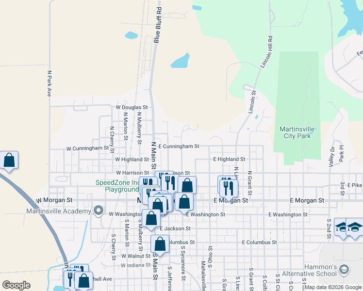 map of restaurants, bars, coffee shops, grocery stores, and more near 260 East Cunningham Street in Martinsville