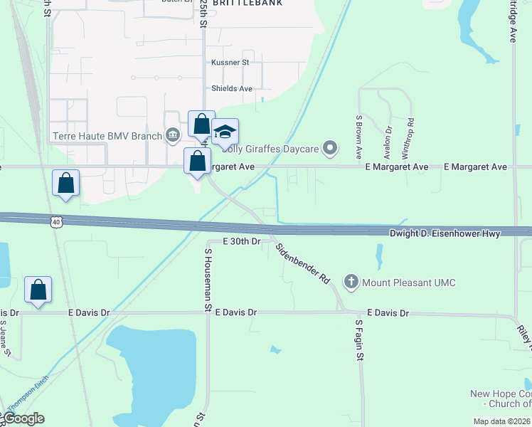 map of restaurants, bars, coffee shops, grocery stores, and more near 2890 Sidenbender Road in Terre Haute