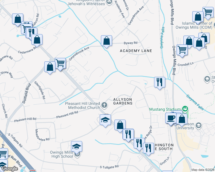 map of restaurants, bars, coffee shops, grocery stores, and more near 62 Gwynnswood Road in Owings Mills