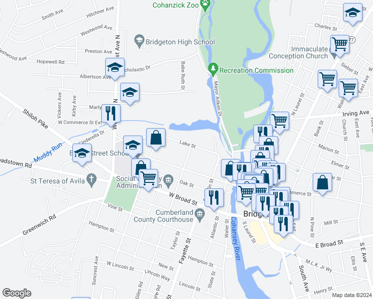 map of restaurants, bars, coffee shops, grocery stores, and more near 44 North Giles Street in Bridgeton