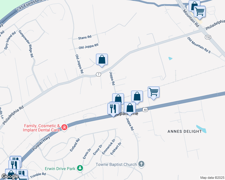 map of restaurants, bars, coffee shops, grocery stores, and more near 1208 Joppa Road in Joppa