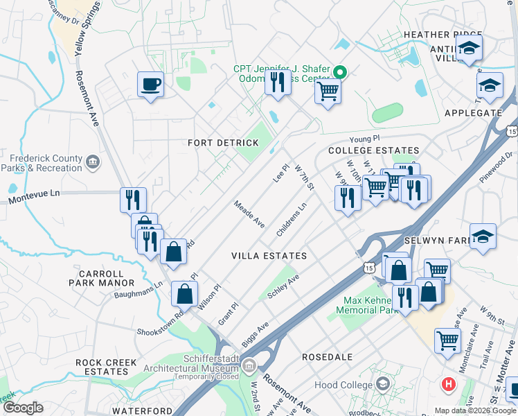map of restaurants, bars, coffee shops, grocery stores, and more near 606 Lee Place in Frederick