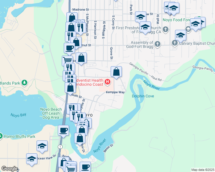 map of restaurants, bars, coffee shops, grocery stores, and more near 500 Kemppe Way in Fort Bragg