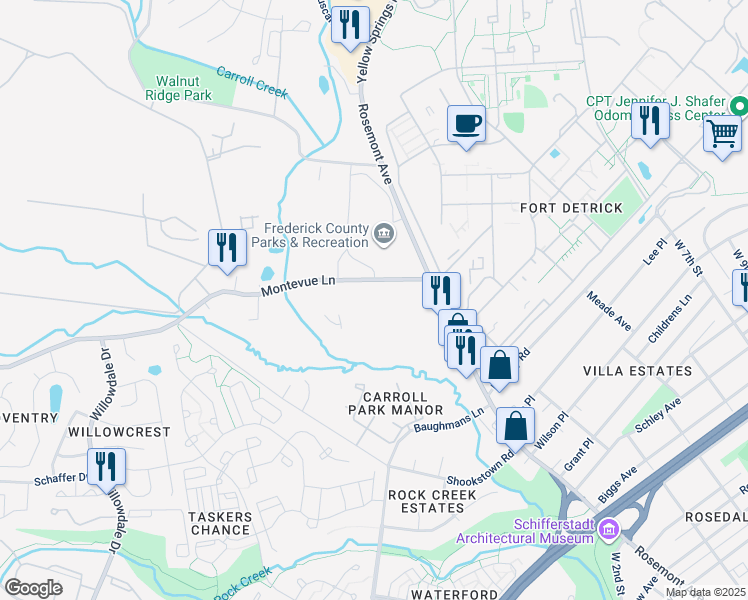 map of restaurants, bars, coffee shops, grocery stores, and more near 350 Montevue Lane in Frederick