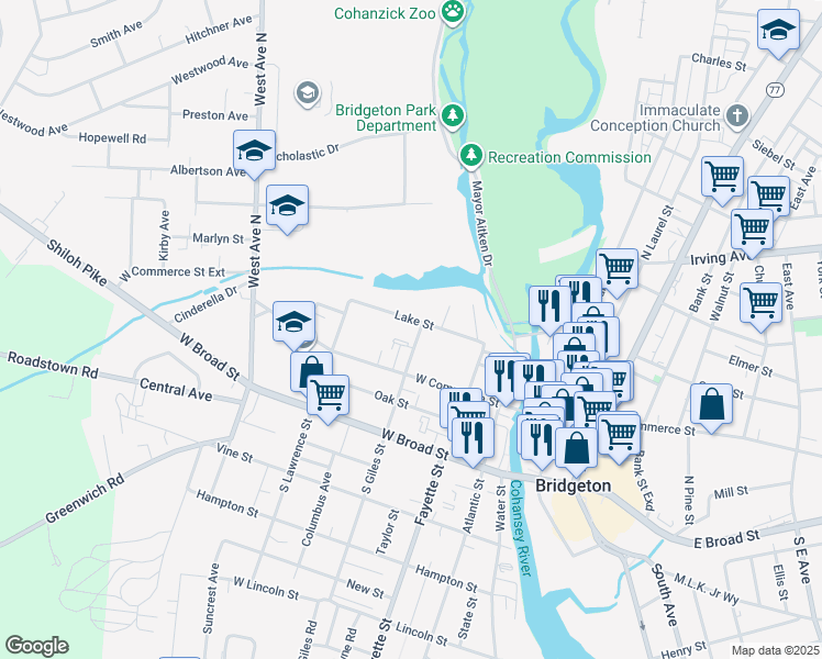 map of restaurants, bars, coffee shops, grocery stores, and more near 46 North Giles Street in Bridgeton
