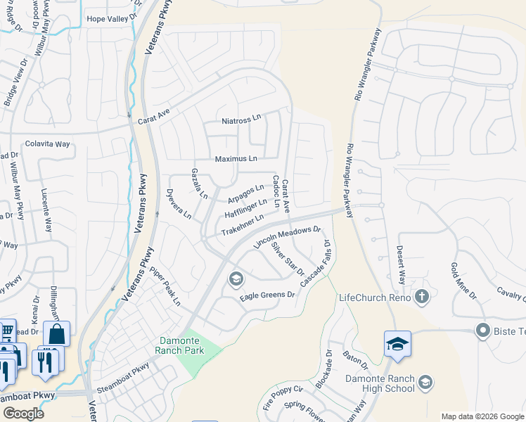 map of restaurants, bars, coffee shops, grocery stores, and more near 9800 Hafflinger Lane in Reno
