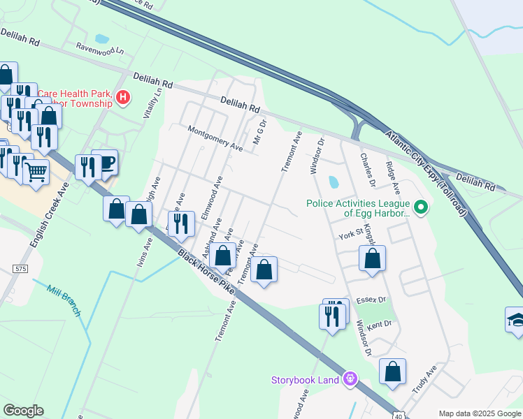 map of restaurants, bars, coffee shops, grocery stores, and more near 34 Madison Avenue in Egg Harbor Township