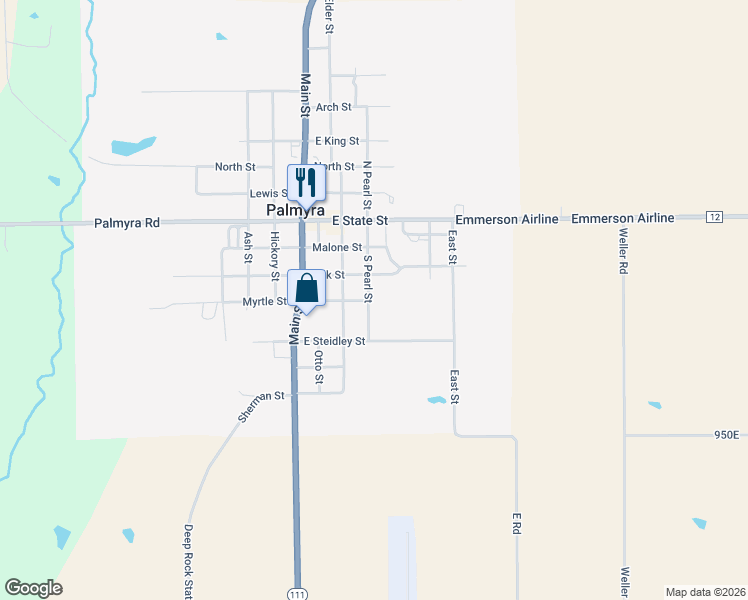 map of restaurants, bars, coffee shops, grocery stores, and more near 385 South Pearl Street in Palmyra