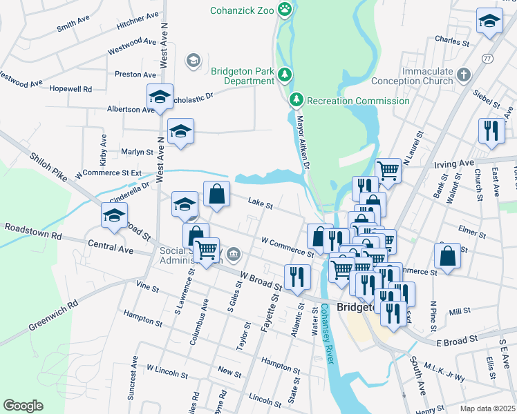 map of restaurants, bars, coffee shops, grocery stores, and more near 35 Lake Street in Bridgeton
