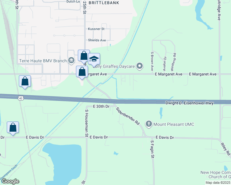 map of restaurants, bars, coffee shops, grocery stores, and more near 2890 Sidenbender Road in Terre Haute