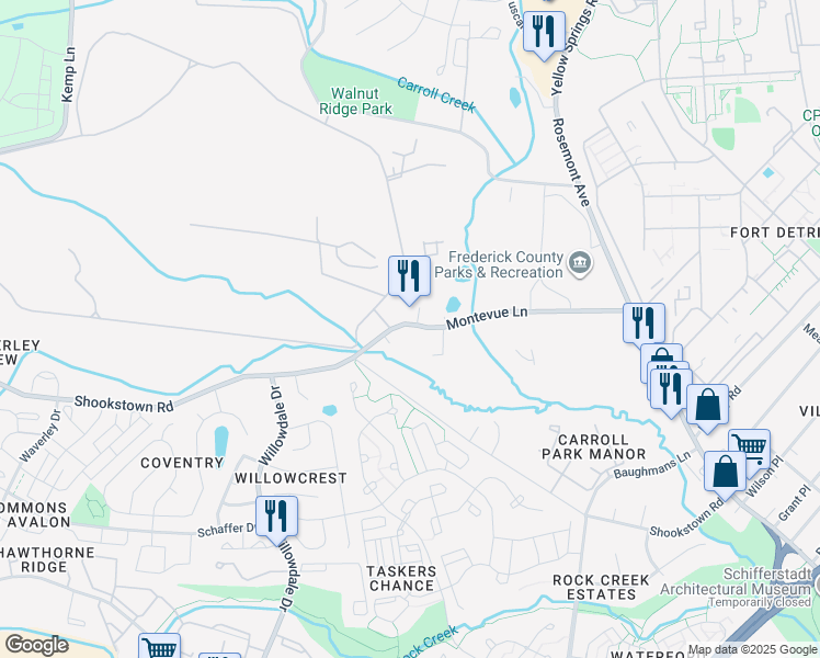 map of restaurants, bars, coffee shops, grocery stores, and more near 286 Montevue Lane in Frederick