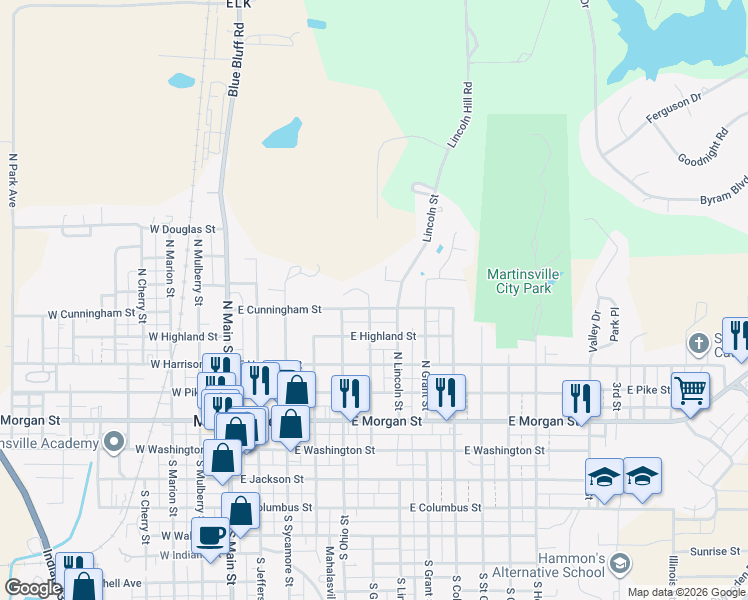 map of restaurants, bars, coffee shops, grocery stores, and more near 510 East Cunningham Street in Martinsville