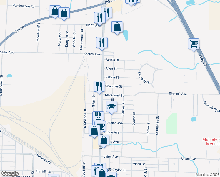 map of restaurants, bars, coffee shops, grocery stores, and more near 1200-1298 Porter St in Moberly