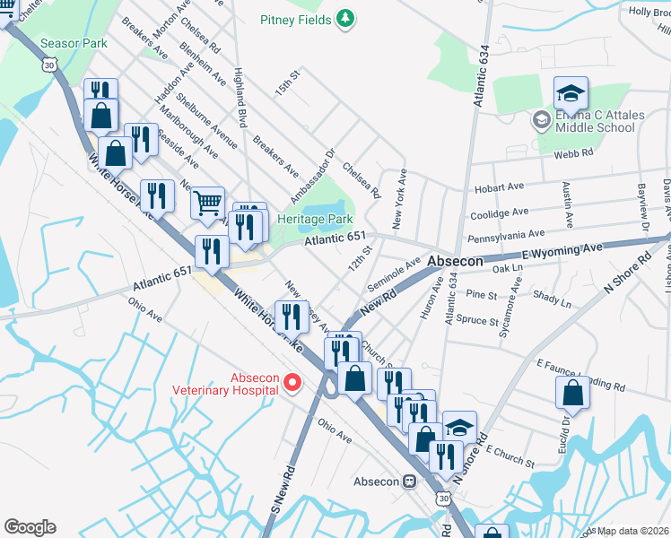 map of restaurants, bars, coffee shops, grocery stores, and more near 508 Delaware Avenue in Absecon
