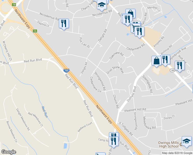 map of restaurants, bars, coffee shops, grocery stores, and more near 121 Strongwood Road in Owings Mills