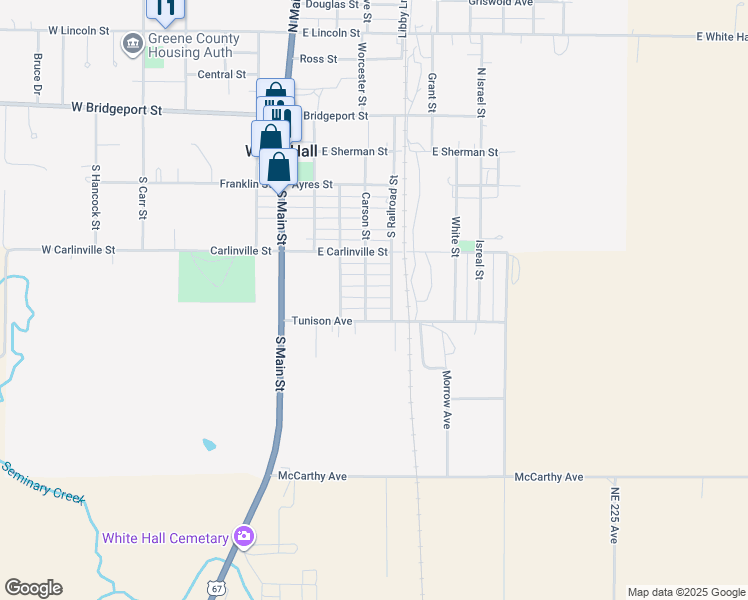 map of restaurants, bars, coffee shops, grocery stores, and more near 349-363 South Railroad Street in White Hall